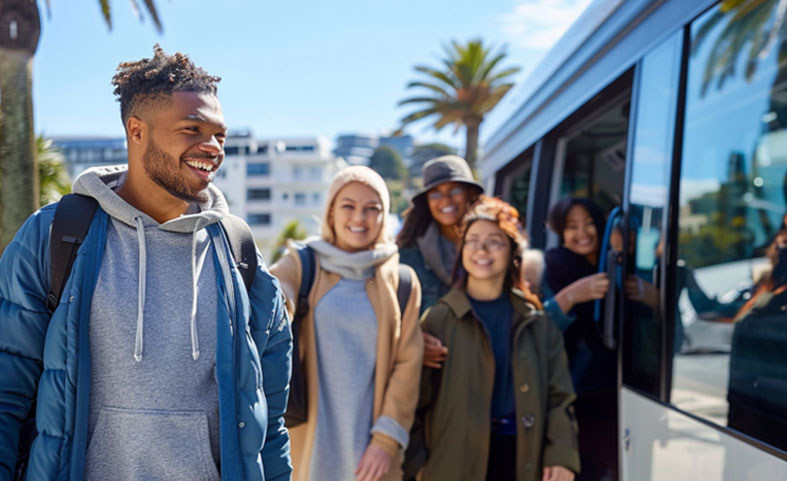 Group of happy travelers boarding a luxury bus in Auckland, ready for a city tour.